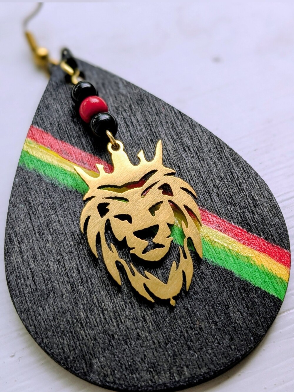 Hand Painted Wooden Teardrop Earrings with Gold  Lion Accent and Rasta Stripe